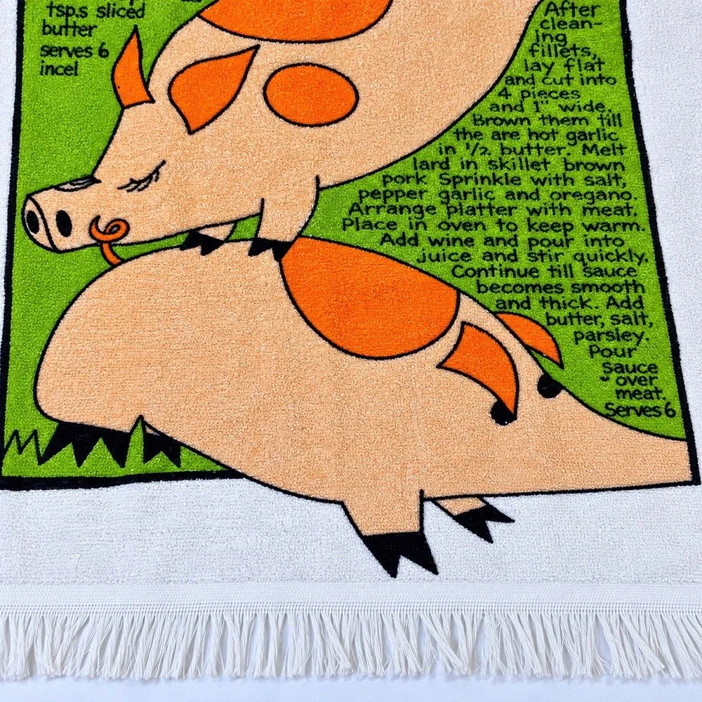 Vtg USA Made Pig Recipe Kitchen Towel Pork in Wine Sauce Fringed Retro Kitsch
